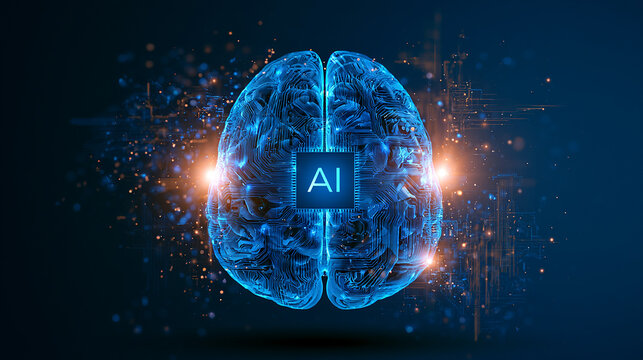 Digital Human Brain Composed of Glowing Blue Circuit Patterns with a Central AI Chip and Particle Trails.