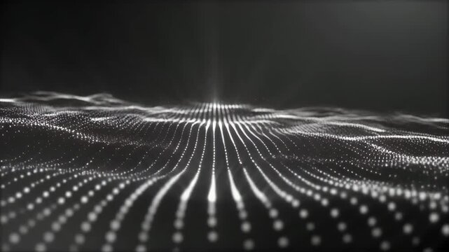 Monochrome digital landscape featuring white glowing particles. Undulating wave motion creates sense of depth and flow. Ideal for high-tech backgrounds, cybersecurity presentations