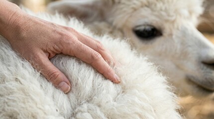 Fototapeta premium Gentle human hand touching soft white alpaca fur outdoors, close-up shot. Calm animal connection.