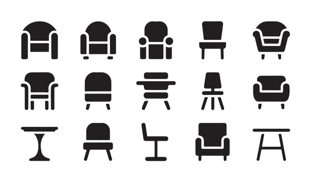 Furniture icon set showing various styles of chairs armchairs and tables for home design.