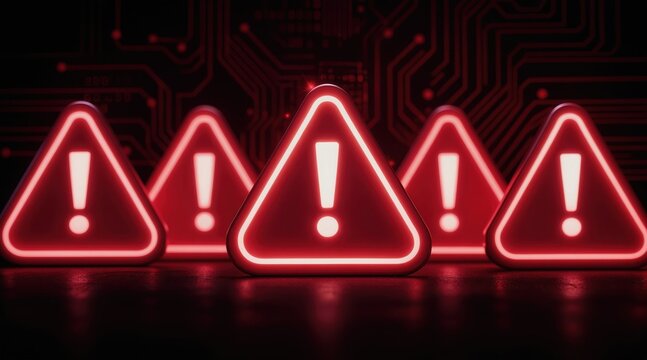 Multiple red alert symbols glow on dark circuit board background. These warning signs indicate potential system failure or cyber threats. They signify danger, require immediate attention for security.