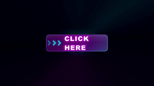 Animated neon purple click here button with glowing blue arrows