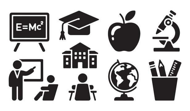 Educational icons set including blackboard, graduation cap, apple, microscope, school, teacher, and globe.