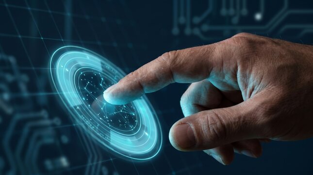 Innovative digital touch A human finger activates a glowing technological interface with circuit patterns