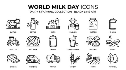 World Milk Day Icons: Dairy & Farming Collection - Black Line Art © Senja