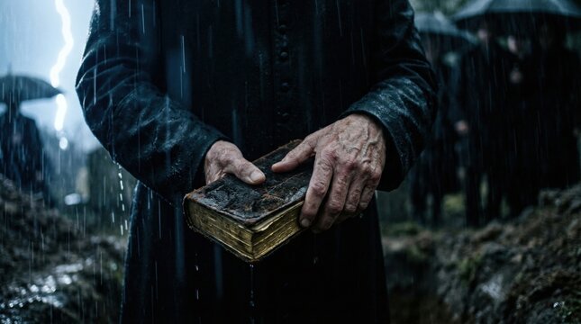 Solemn priest holding weathered sacred book at graveside during dark, stormy funeral with dramatic lightning, heavy rain.