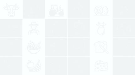 Farm icons: cow, tractor, farmer, hay bale, cereal, milk, bread, cheese, fruits © Senja
