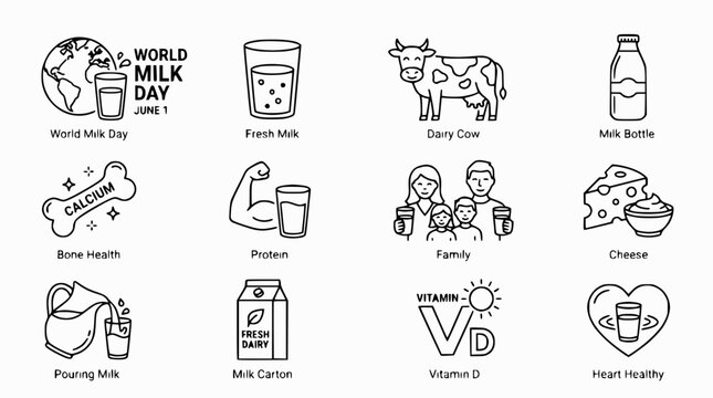 World Milk Day Icons: Dairy, Health, Family, Nutrition, and Freshness Concepts