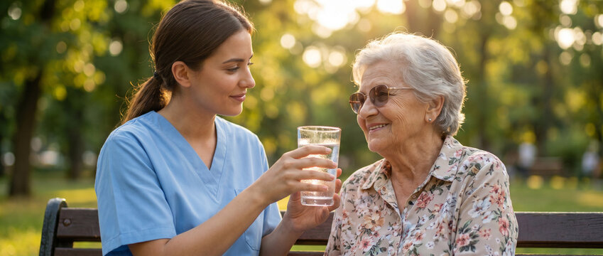 Caring young nurse giving a glass of fresh water to a smiling senior woman in a sunny summer park. For Elderly assistance, caregiving and hydration concept.