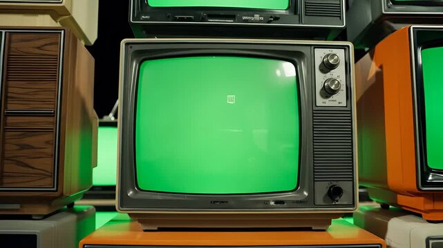 Vintage Television Set Stack with Green Screens Display.
