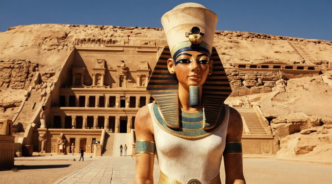 Female pharaoh Hatshpicut statue stands before her mortuary temple. Ancient Egyptian monument in sunny desert. Queen wears traditional headdress and royal outfit.