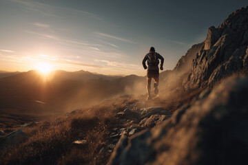 Fototapeta premium Trail runners sprint across the mountainous landscape.