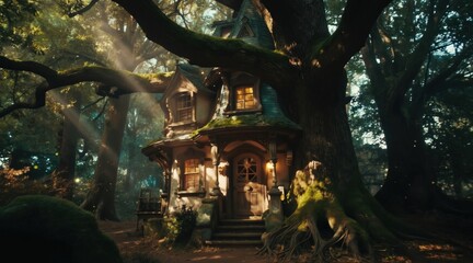 Obraz premium Fairytale cottage nestled in ancient forest. Sunlight streams through leaves, illuminating mossy tree roots, small glowing orbs. Cozy, whimsical dwelling evokes deep woodland magic, secret sanctuary.