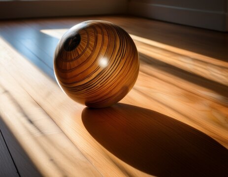 pok ball casting soft shadows on a sunlit wooden surface indoors