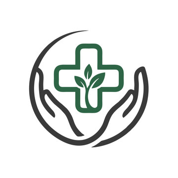 Caring hands gently embrace a green medical cross with sprouting leaves symbolizing healthcare growth wellness and organic remedies a logo concept for natural medicine and compassionate