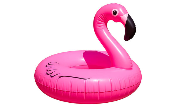 Isolated bright pink inflatable flamingo pool float, fun summer accessory for vacation and party