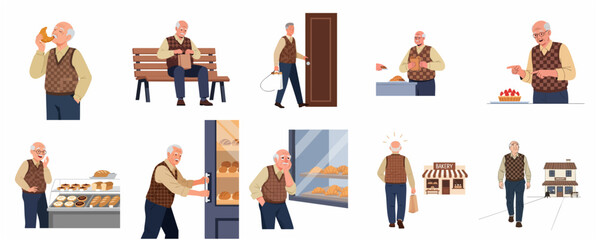Fototapeta premium Collection of Senior Man Character Visiting Bakery Shop, Buying and Enjoying Pastries Vector Illustration Set