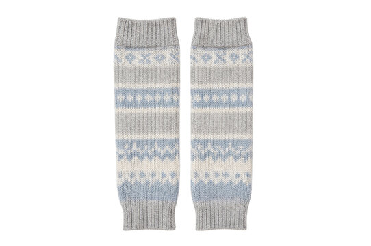 Warm knitted arm warmers with blue and grey pattern design  
