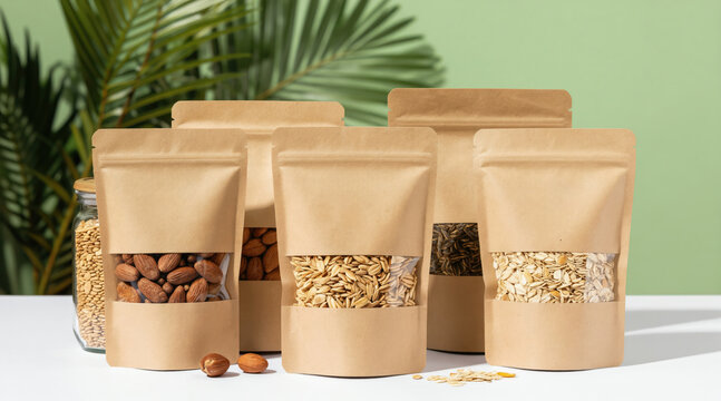 Various nuts seeds and oats in eco friendly kraft paper pouches on white table with green plant. Healthy snacks in compostable packaging ready for sale or consumption.
