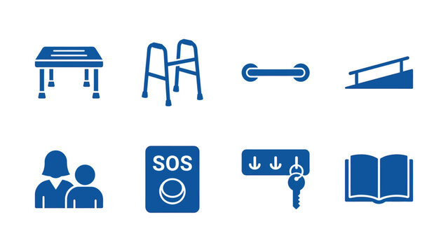 Set of blue icons representing various accessibility and assistance features, including a table, walker, grab bar, ramp, people, SOS button, keys, and a book.