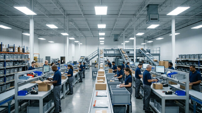 Large group of diverse workers in navy uniforms processing orders at workstations with barcode scanners and computers in a bright, modern industrial warehouse fulfillment center.
