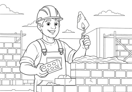 A black and white line art illustration of a smiling construction worker wearing a hard hat, holding a brick and a trowel at a building site.