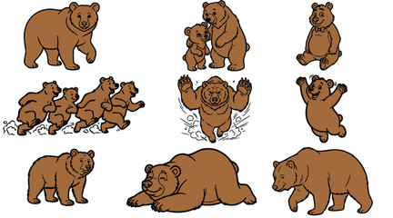 Bear illustration set featuring nine poses including standing, walking, running, sleeping, playing, roaring, dancing, and parent with cub. Hand-drawn vector collection isolated on light background. © idrus