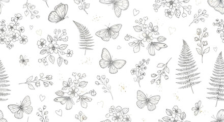 Seamless pattern with hand drawn butterflies, flowers and fern leaves © Manimegalaig