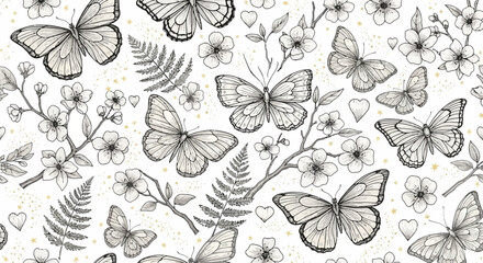 Seamless pattern with butterflies, flowers and fern leaves © Manimegalaig