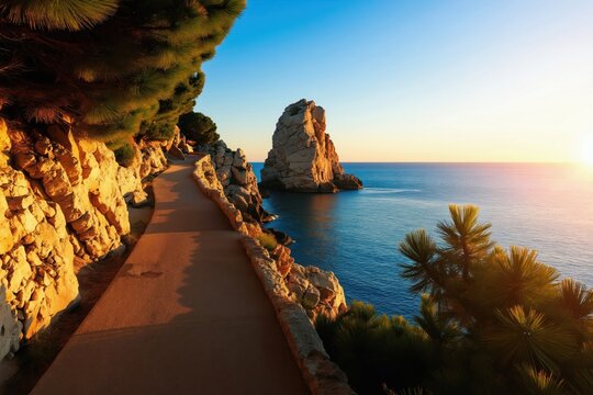 Coastal path winds along rocky cliffs by calm blue sea at sunrise. Sunlight illuminates pine trees and large sea stack. Scenic Mediterranean island landscape, perfect for travel blogs.