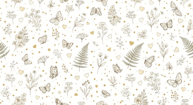 Seamless pattern with handdrawn butterflies, wildflowers, ferns, and hearts