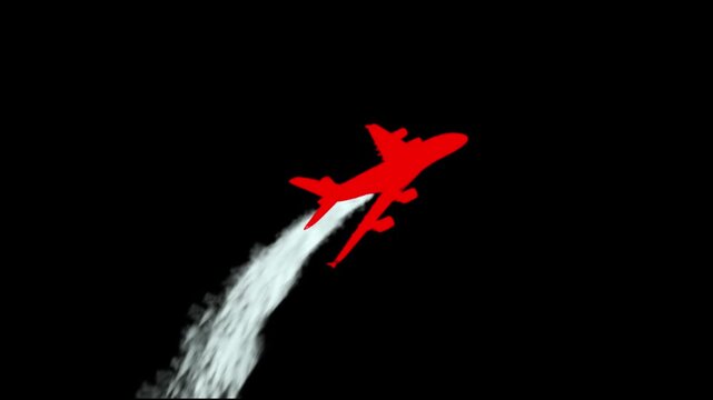 Airplane flying against a dark background is illustrated with a bright red silhouette and a streaming white exhaust trail that cuts through the empty black space to signify swift travel and motion.