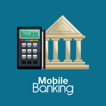 Mobile banking concept featuring dataphone terminal electronic card payment system and classic finance building icon graphics vector