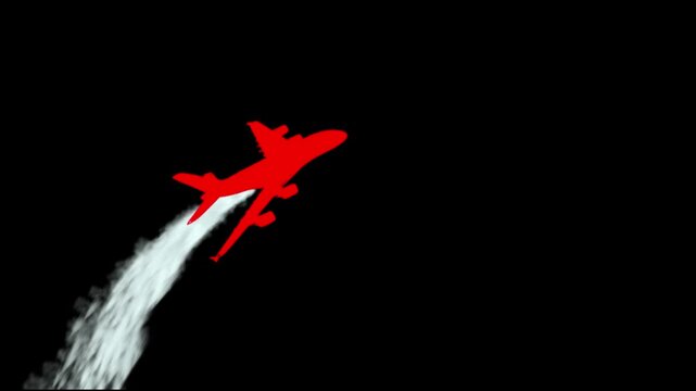 Airplane graphic rendered in a flat style depicts a crimson passenger jet ascending through a pitch black environment while leaving a textured white vapor trail representing high speed air travel.