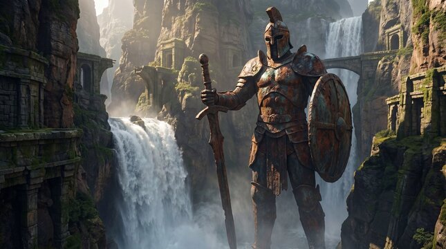 Colossal ancient Greek warrior statue standing near mountain waterfalls