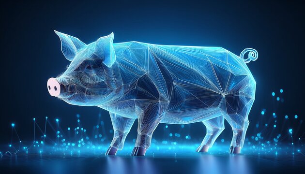 a polygonal pig illuminated with blue light standing on a dark blue background with glowing particles