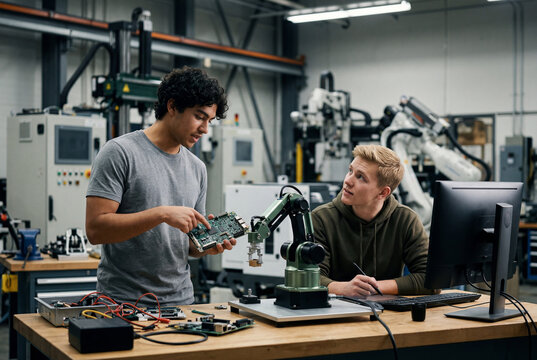 Two male engineering students collaborating on a robotic arm and circuit board in a university lab