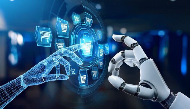 robotic hand interacting with virtual shopping interface highlighting e commerce optimization and digital retail automation for enhanced user experience and sales analytics