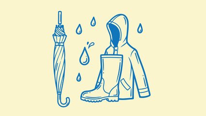 Rain gear blue outline doodles umbrella boots coat drops on yellow background. © TREND AND VECTORS