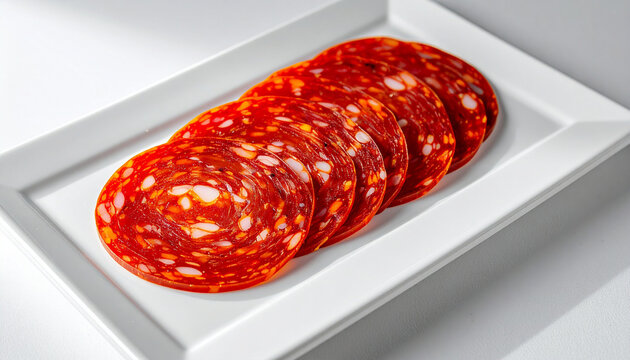 Chorizo Slices on Plate: Vibrant red, thinly sliced chorizo sausage, showcasing its characteristic marbling of fat and paprika, is artfully arranged on a clean white rectangular plate.