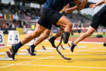 Fototapeta premium Sprinters starting race on track including athlete with prosthetic leg