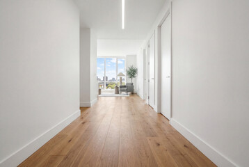 Fototapeta premium Bright modern apartment hallway with wood flooring and white walls