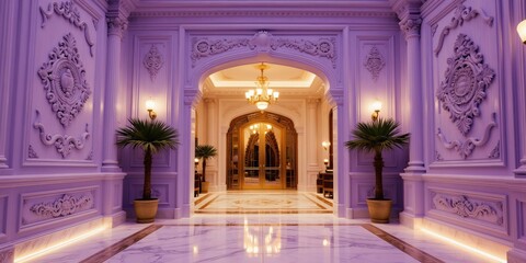 Obraz premium Ornate royal hall with purple wood panels and ornate carvings. Elegant marble floor reflects chandelier light. Tall palm trees flank grand entryway. Opulent interior design shows luxury and status.