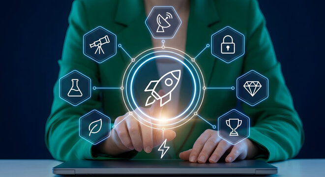 Businesswoman activating startup launch innovation ecosystem with digital technology research development and sustainable business growth strategy platform for market success