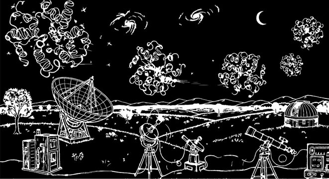 Whimsical Astronomical Observatory with Telescopes and Constellations Illustration.