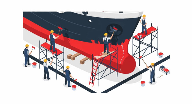 Workers repairing a large ship hull.
