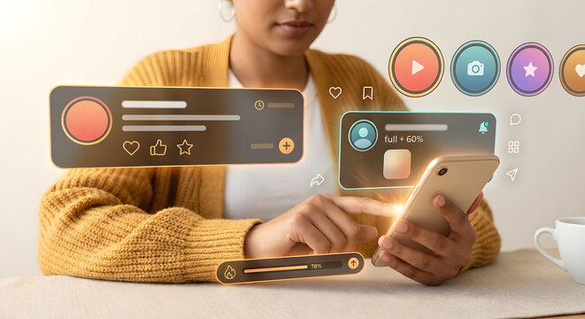 Woman using smartphone with holographic social media interface icons for like share comment follow engagement content creator influencer marketing and digital community interaction concept