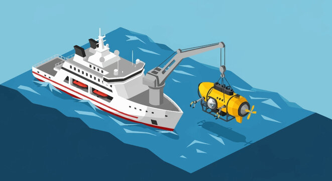 Research vessel deploying underwater vehicle.