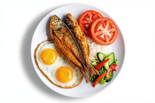 Plate with fried danggit fish, rice, two fried eggs, tomato slices, and fresh salad. Simple delicious meal perfect for breakfast lunch or dinner. Healthy food.