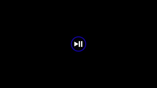 Pause button symbol encircled by a thin blue line appears prominently against a solid dark black backdrop for use in video playback interface design as a functional component for digital media player.